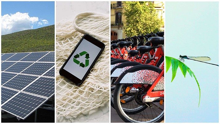 štiri fotografije na temo javnega razpisa: sončna centrala, kolesa, kačji pastir, simbol za reciklažo