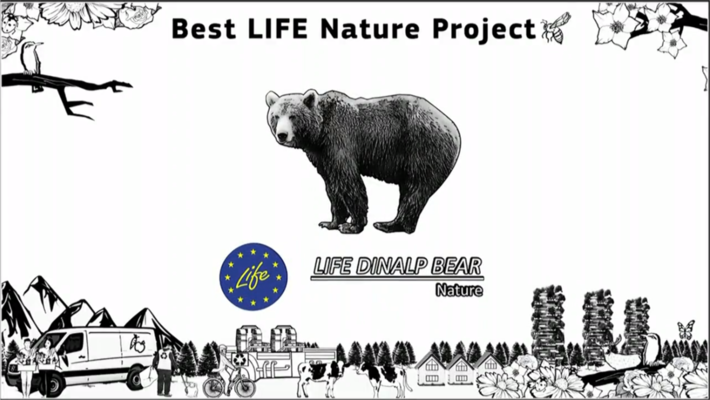 Prikaz zmagovalca nagrade LIFE v kategoriji narava - napis Best LIFE nature project z risbo medveda, pod katerim je napis LIFE DINALP BEAR.